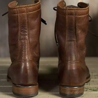 Men Punk Motorcycle Brown Leather Boots Military Lace up Combat Handmade Boot - Thumbnail 1