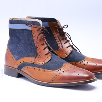 Crafted leather bespoke dress shoes classic brown leather blue suede ankle high lace up boot - Thumbnail 4