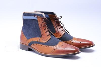 Crafted Leather Bespoke Dress Shoes Classic Brown Leather Blue Suede Ankle High Lace up Boot