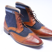 Crafted Leather Bespoke Dress Shoes Classic Brown Leather Blue Suede Ankle High Lace up Boot - Thumbnail 1