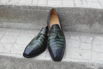 Crafted Leather Classic Green Crocodile/Alligator Tassel Loafers Dress Shoes