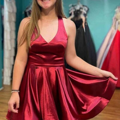 V neck short backless burgundy homecoming dress short prom dress