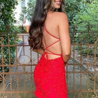Red Lace Mermaid Open Back  Homecoming Dress Short Prom Dress  - Thumbnail 1