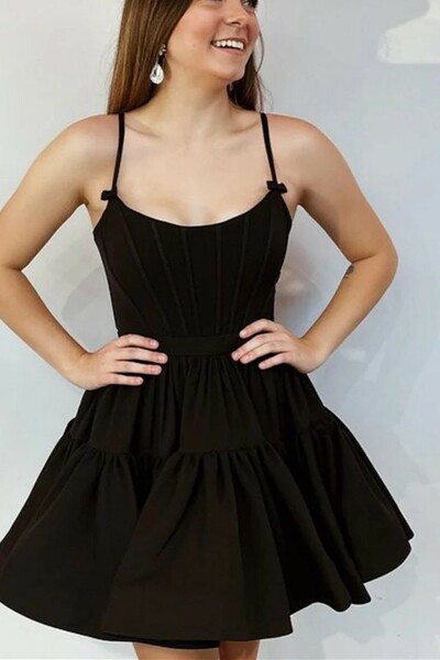 Cute A Line Black Satin Homecoming Dress Short Prom Dress