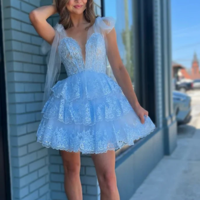 V Neck Lace Layered Homecoming Dress Short Prom Dress  - Thumbnail 1