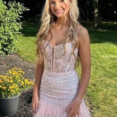 Short v neck lace  homecoming dress short prom dress with feather