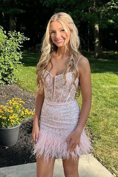 Short V Neck Lace  Homecoming Dress Short Prom Dress with Feather