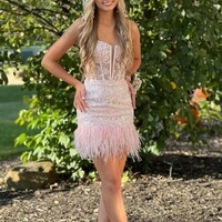 Short V Neck Lace  Homecoming Dress Short Prom Dress with Feather - Thumbnail 1