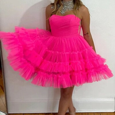 Strapless hot pink tulle  homecoming dress short prom dress