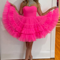 Strapless Hot Pink Tulle  Homecoming Dress Short Prom Dress - Thumbnail 1