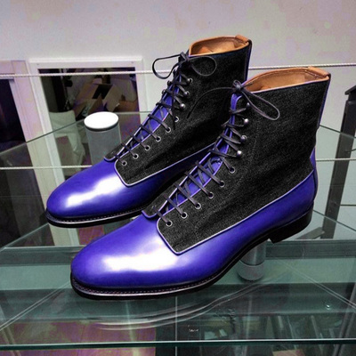 Handmade men's brogue ankle high boot, blue black leather & tweed lace up boot