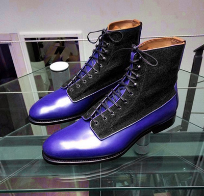 Handmade Men's Brogue Ankle High Boot, Blue Black Leather & Tweed Lace Up Boot