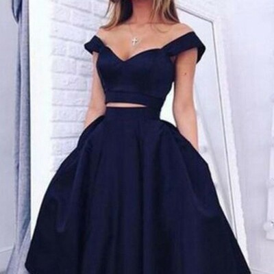 A-line off-the-shoulder satin homecoming dress short prom dress with pockets