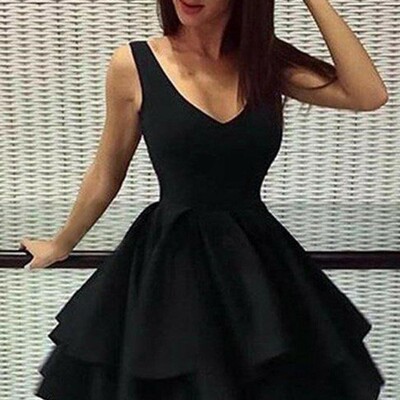 A-line v neck sleeveless homecoming dress short prom dress with ruffles 