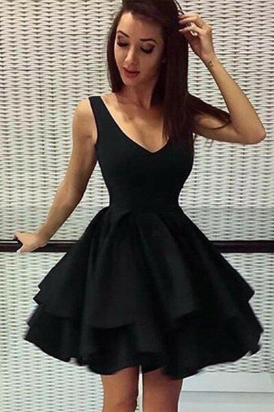 A-line V Neck Sleeveless Homecoming Dress Short Prom Dress with Ruffles 