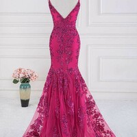 Magenta Sequin Appliques V-Neck Trumpet Prom Dress  - Thumbnail 1