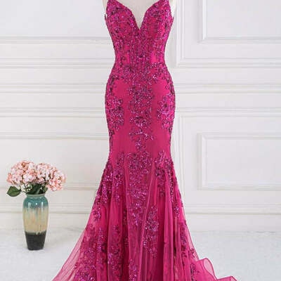 Magenta sequin appliques v-neck trumpet prom dress 
