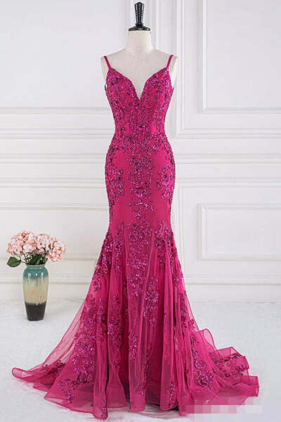 Magenta Sequin Appliques V-Neck Trumpet Prom Dress 