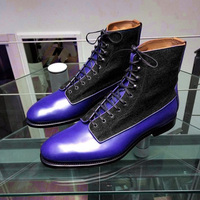 Handmade Men's Brogue Ankle High Boot, Blue Black Leather & Tweed Lace Up Boot - Thumbnail 4