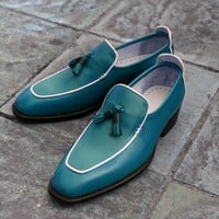 Crafted Leather Custom Made Classic Blue Leather White Lining Tassel Loafers Dress Shoes - Thumbnail 1
