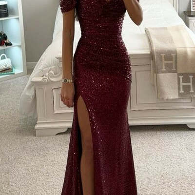 Solid sequins high opening off the shoulder prom dress