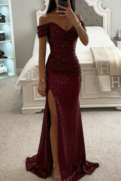 Solid Sequins High Opening Off The Shoulder Prom Dress