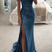Solid Sequins High Opening Off The Shoulder Prom Dress - Thumbnail 2