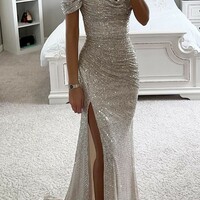 Solid Sequins High Opening Off The Shoulder Prom Dress - Thumbnail 1