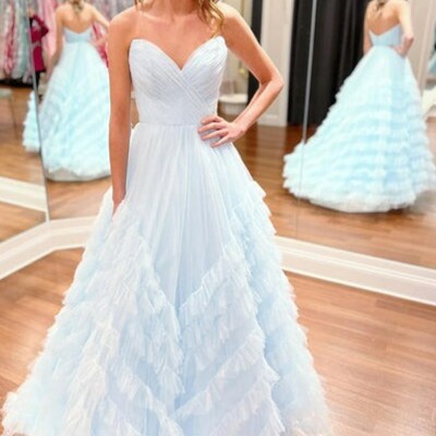 A line strapless ruffle tulle long prom dresses 