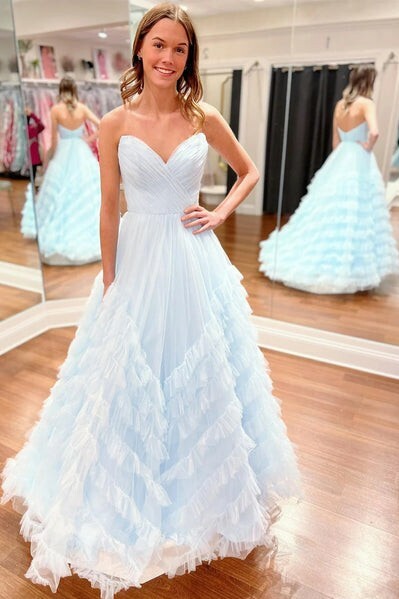 A Line Strapless Ruffle Tulle Long Prom Dresses 