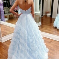 A Line Strapless Ruffle Tulle Long Prom Dresses  - Thumbnail 1