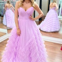 A Line Strapless Ruffle Tulle Long Prom Dresses  - Thumbnail 2