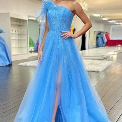 One shoulder blue lace long prom dresses with high slit 
