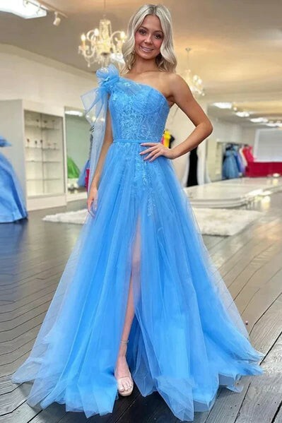 One Shoulder Blue Lace Long Prom Dresses with High Slit 