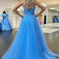 One Shoulder Blue Lace Long Prom Dresses with High Slit  - Thumbnail 1