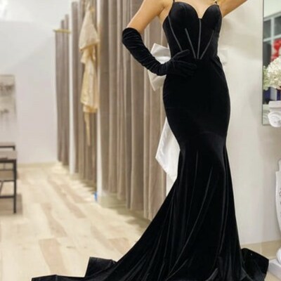 Open back mermaid black velvet long prom dresses 
