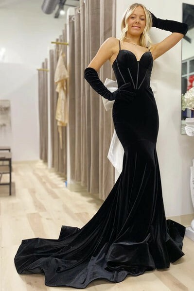 Open Back Mermaid Black Velvet Long Prom Dresses 