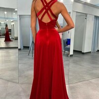 Open Back A Line V Neck  Prom Dresses with High Slit  - Thumbnail 1