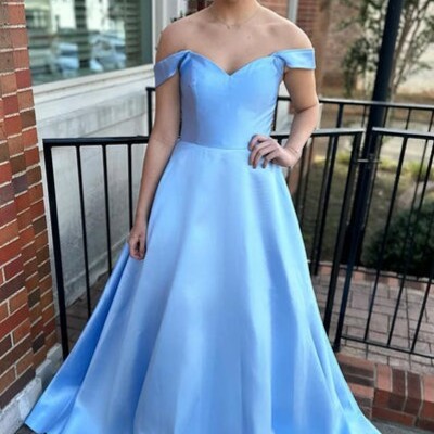Simple off shoulder satin long prom dresses 