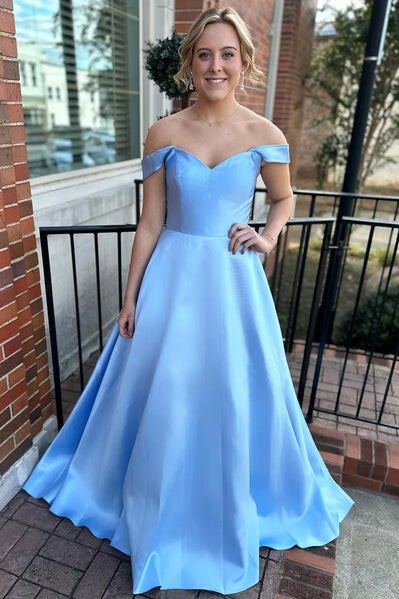 Simple Off Shoulder Satin Long Prom Dresses 
