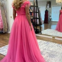 A Line V Neck Floral Pink Tulle Long Prom Dresses  - Thumbnail 1