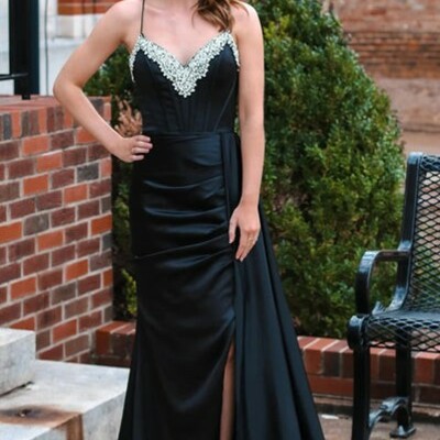 A line v neck beaded black  prom dresses with high slit