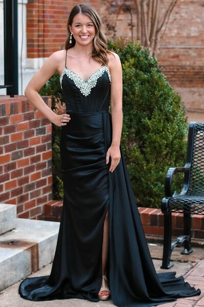 A Line V Neck Beaded Black  Prom Dresses with High Slit