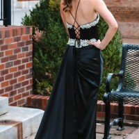 A Line V Neck Beaded Black  Prom Dresses with High Slit - Thumbnail 1