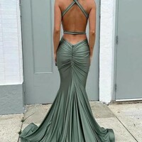 Mermaid V Neck Open Back Sage Prom Dress  - Thumbnail 1