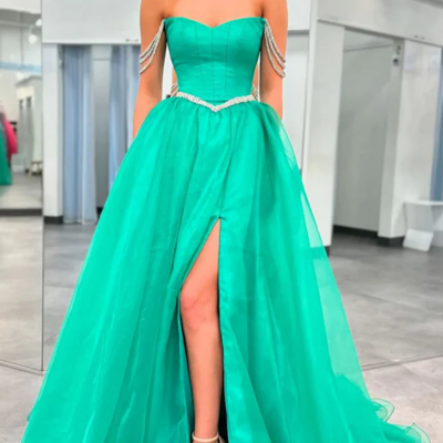 Beaded green off the shoulder prom dress