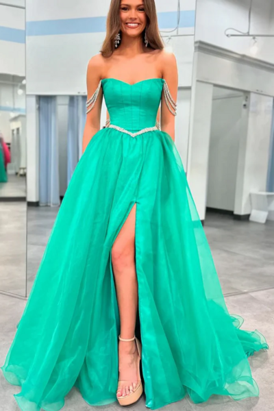 Beaded Green Off The Shoulder Prom Dress