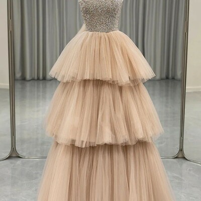 A line spaghetti strap champagne layers tulle prom dress 