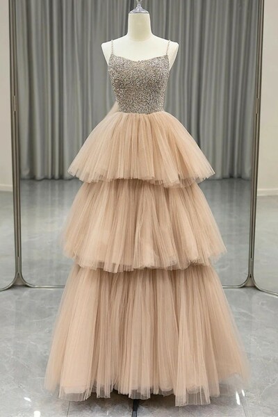 A Line Spaghetti Strap Champagne Layers Tulle Prom Dress 