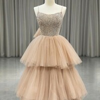 A Line Spaghetti Strap Champagne Layers Tulle Prom Dress  - Thumbnail 1